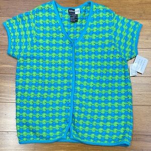 Vintage 90’s Beldoch Popper Green and Blue Crochet Short Sleeve Cardigan size XL